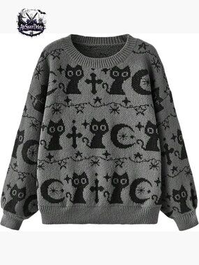 Goth Cartoon Pattern Sweater Long Sleeve Crewneck Knit Pullover Top